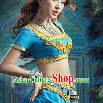 Traditional Ancient Indian Palace Sari Blue Costumes, Indian Young Lady Belly Dance Dress for Women