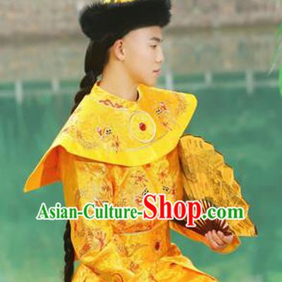 Traditional Ancient Chinese Qing Dynasty Imperial Majesty Robes, Qing Dynasty Manchu Imperial Emperor Dragon Yellow Costumes for Men
