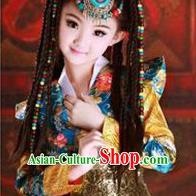 Traditional Chinese Zang Nationality Dancing Costume, Tibetan Children Folk Dance Skirt, Chinese Tibetan Minority Nationality Costume for Kids