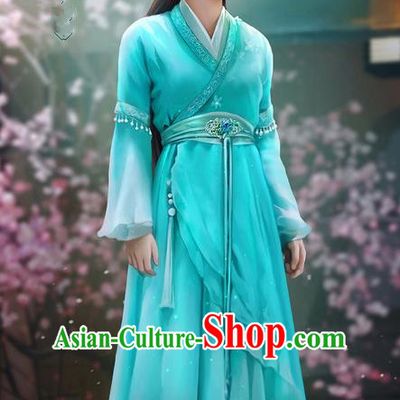 Traditional Ancient Chinese Swordswoman Costume, Chinese Han Dynasty Fairy Dress, Cosplay Game Character Chinese Peri Princess Blue Clothing for Women