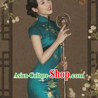Traditional Chinese Female Costumes Chinese Classic Clothes Chinese Silk Peacock Blue Cheongsam Tang Suits Dress for Women
