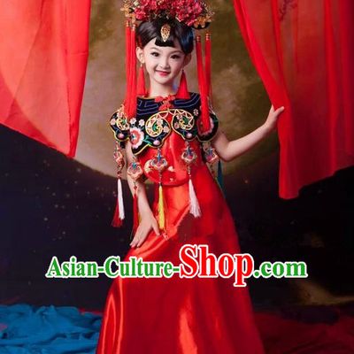 Traditional Ancient Chinese Imperial Consort Children Costume, Chinese Qing Dynasty Manchu Little Girl Dress, Cosplay Chinese Concubine Embroidered Clothing for Kids