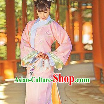 Traditional Ancient Chinese Imperial Consort Costume, Chinese Qing Dynasty Manchu Emperess Pink Dress, Cosplay Chinese Mandchous Imperial Concubine Purple Embroidered Clothing for Women