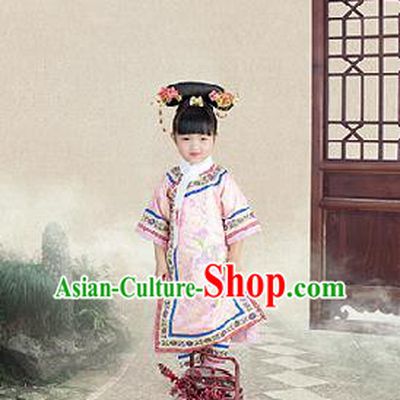 Traditional Ancient Chinese Children Costume, Chinese Qing Dynasty Manchu Little Lady Dress, Cosplay Chinese Manchu Minority Princess Embroidered Clothing for Kids
