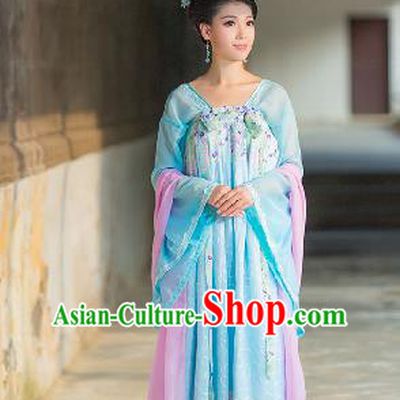 Traditional Ancient Chinese Imperial Emperess Costume, Chinese Tang Dynasty Palace Lady Dress, Cosplay Chinese Princess Blue Printing Clothing for Women