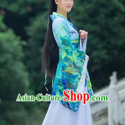 Traditional Ancient Chinese Imperial Emperess Costume, Chinese Han Dynasty Palace Lady Dress, Cosplay Chinese Princess Printing Flowers Green Hanfu Ru Skirt Clothing for Women