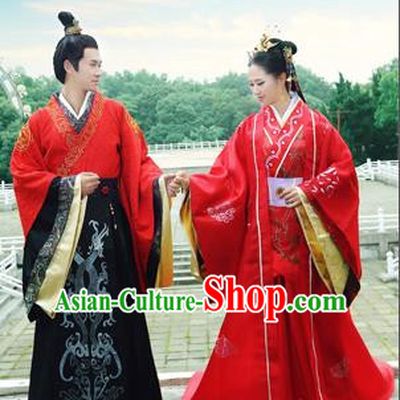 Traditional Ancient Chinese Imperial Emperess and Emperor Costume Complete Set, Chinese Han Dynasty Emperess Wedding Red Dress, Chinese Emperess Emperor Embroidered Phoenix and Dragon Trailing Clothing for Women for Men