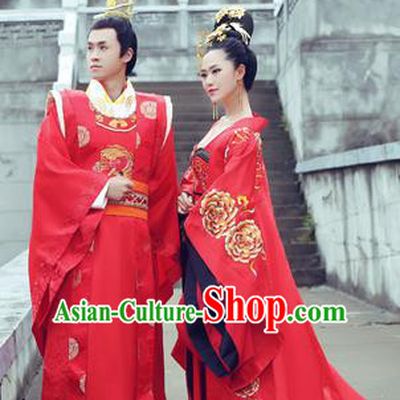 Traditional Ancient Chinese Imperial Emperess and Emperor Costume Complete Set, Chinese Tang Dynasty Emperess Wedding Red Dress, Chinese Emperess Emperor Embroidered Phoenix and Dragon Trailing Clothing for Women for Men