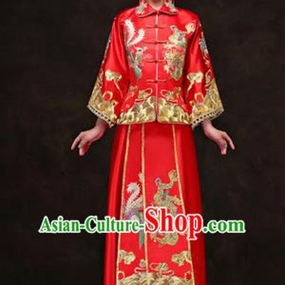 Traditional Ancient Chinese Costume Xiuhe Suits, Chinese Style Wedding Red Dress, Ancient Women Longfeng Dragon And Phoenix Flown Bride Toast Cheongsam for Women