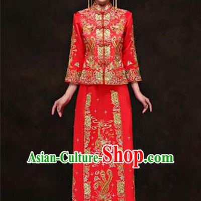 Traditional Ancient Chinese Costume Xiuhe Suits, Chinese Style Wedding Red Dress, Ancient Women Dragon And Phoenix Flown Bride Toast Cheongsam for Women