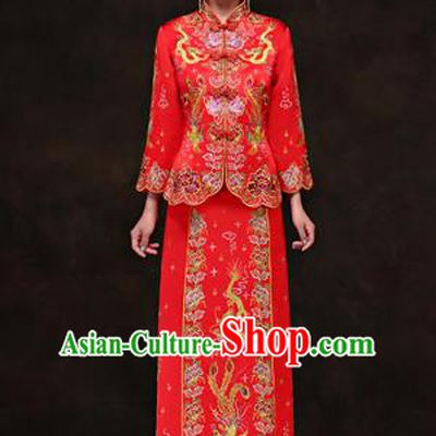 Traditional Ancient Chinese Costume Xiuhe Suits, Chinese Style Wedding Red Dress, Ancient Embroidered Dragon and Phoenix Flown Bride Toast Cheongsam for Women