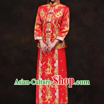Traditional Ancient Chinese Costume Xiuhe Suits, Chinese Style Wedding Red Dress, Embroidered Dragon and Phoenix Flown Bride Toast Cheongsam for Women