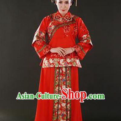Traditional Ancient Chinese Costume Xiuhe Suits, Chinese Style Wedding Red Dress, Embroidered Dragon and Phoenix Flown Bride Toast Cheongsam for Women