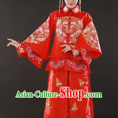 Traditional Ancient Chinese Costume Xiu he Suits, Chinese Style Wedding Red Dress, Embroidered Dragon and Phoenix Flown Bride Toast Cheongsam for Women