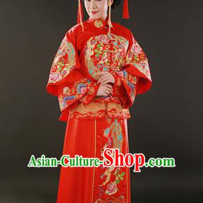 Traditional Ancient Chinese Costume Xiu he Suits, Chinese Style Wedding Red Dress, Embroidered Dragon and Phoenix Flown Bride Cheongsam for Women