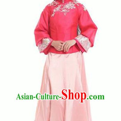 Traditional Ancient Chinese Costume, Chinese Late Qing Dynasty Young Lady Dress Red Blouse, Republic of China Embroidered Clothing for Women