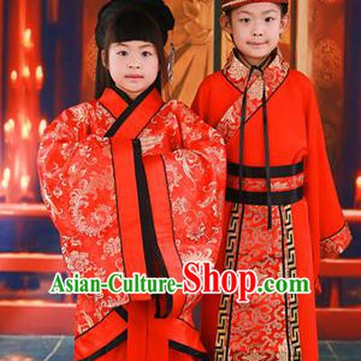 Traditional Ancient Chinese Imperial Emperess and Emperor Costume Complete Set, Chinese Tang Dynasty Emperess Wedding Red Dress, Chinese Emperess Emperor Embroidered Phoenix and Dragon Trailing Clothing for Kids