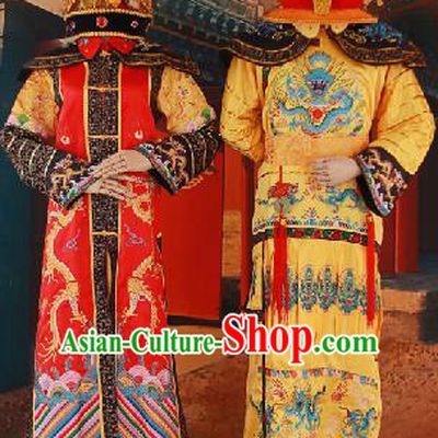 Traditional Ancient Chinese Imperial Emperess and Emperor Costume Complete Set, Chinese Qing Dynasty Emperess Wedding Dress, Chinese Manchu Emperess Emperor Embroidered Phoenix and Dragon Clothing for Women for Men