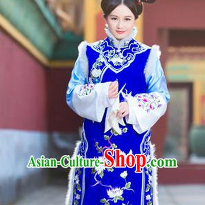 Traditional Ancient Chinese Imperial Concubine Costume, Chinese Qing Dynasty Manchu Lady Fur Dress, Cosplay Chinese Manchu Minority Princess Clothing for Women