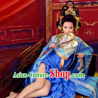 Traditional Ancient Chinese Imperial Emperess Costume, Chinese Tang Dynasty Dance Dress, Chinese Peri Imperial Princess Blue Hanfu Clothing for Women
