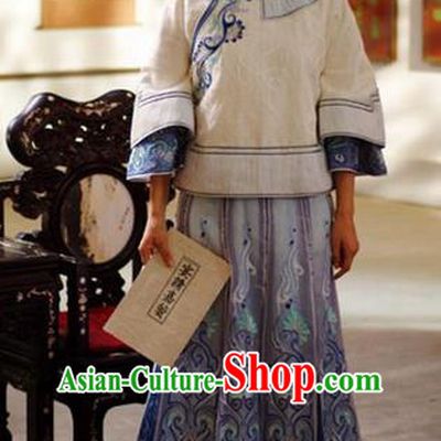Traditional Ancient Chinese Costume Xiuhe Suit, Chinese Late Qing Dynasty Female Dress, Republic of China Embroidered Blue Clothing for Women