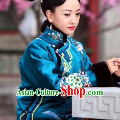 Traditional Ancient Chinese Imperial Concubine Costume, Chinese Qing Dynasty Manchu Lady Dress, Cosplay Chinese Manchu Minority Princess Peacock Blue Embroidered Clothing for Women