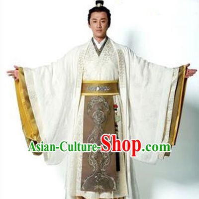 Traditional Ancient Chinese Imperial Emperor Costume, Chinese Han Dynasty Emperor Dress, Cosplay Chinese Majesty Embroidered Clothing White Hanfu Complete Set for Men