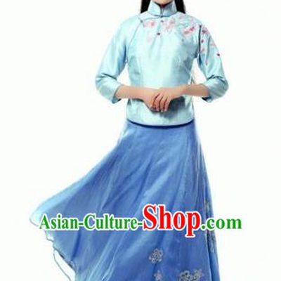 Traditional Ancient Chinese Costume Cheongsam Blouse, Chinese Late Qing Dynasty Female Student Dress, Republic of China Embroidered Blue Clothing for Women