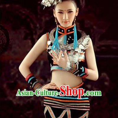 Traditional Chinese Miao Nationality Dancing Costume, Hmong Female Folk Dance Ethnic Skirt, Chinese Minority Nationality Embroidery Costume for Women