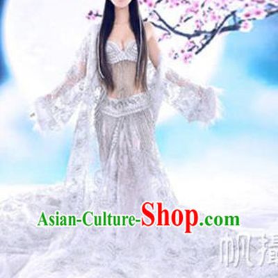 Traditional Ancient Chinese Flying Imperial Consort Costume, Chinese Tang Dynasty Flying Lady Dress, Cosplay Chinese Fairy Imperial Concubine White Clothing Hanfu for Women