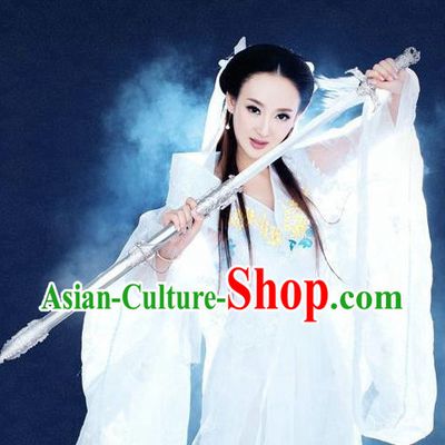 Traditional Ancient Chinese Swordswoman Costume, Chinese Han Dynasty Fairy Dress, Cosplay Game Character Chinese Peri Princess White Clothing for Women
