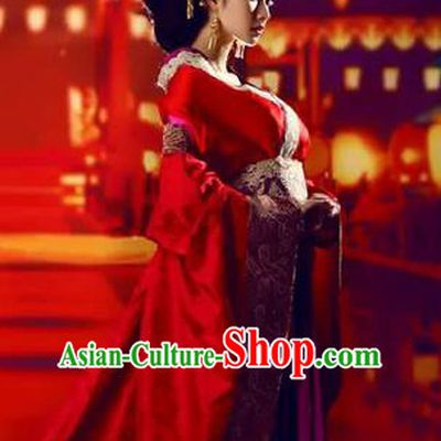 Traditional Ancient Chinese High-Grade Imperial Consort Costume, Chinese Han Dynasty Lady Red Dress, Cosplay Chinese Imperial Concubine Clothing Trailing Wedding Hanfu for Women