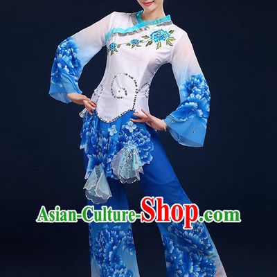 Traditional Chinese Yangge Fan Dancing Costume, Folk Dance Yangko Mandarin Sleeve Peony Painting Blouse and Pants Uniforms, Classic Umbrella Dance Elegant Dress Drum Dance Blue Clothing for Women