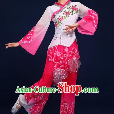 Traditional Chinese Yangge Fan Dancing Costume, Folk Dance Yangko Mandarin Sleeve Peony Painting Blouse and Pants Uniforms, Classic Umbrella Dance Elegant Dress Drum Dance Pink Clothing for Women