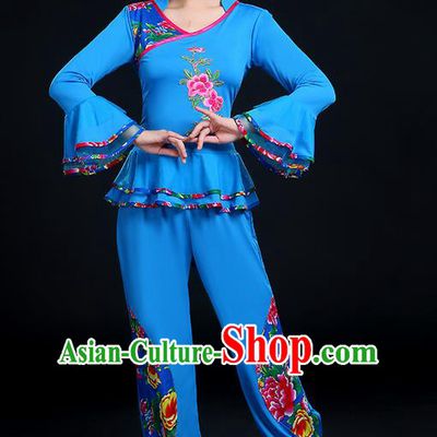 Traditional Chinese Yangge Fan Dancing Costume, Folk Dance Yangko Mandarin Sleeve Peony Painting Blouse and Pants Uniforms, Classic Dance Elegant Dress Drum Dance Red Clothing for Women