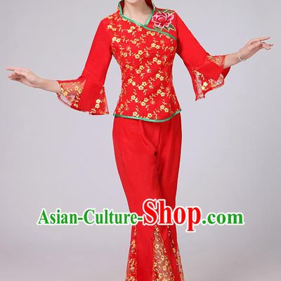 Traditional Chinese Yangge Fan Dancing Costume, Folk Dance Yangko Mandarin Sleeve Gilding Blouse and Pants Uniforms, Classic Dance Elegant Dress Drum Dance Red Clothing for Women