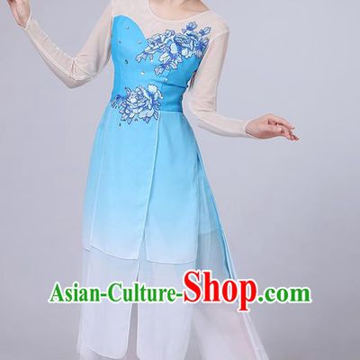 Traditional Chinese Yangge Fan Dancing Costume, Folk Dance Yangko Uniforms, Classic Umbrella Dance Elegant Dress Drum Dance Peony Blue Clothing for Women