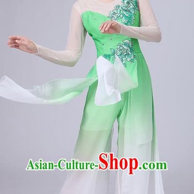 Traditional Chinese Yangge Fan Dancing Costume, Folk Dance Yangko Uniforms, Classic Umbrella Dance Elegant Dress Drum Dance Peony Green Clothing for Women