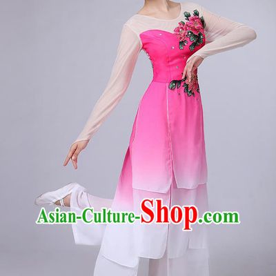Traditional Chinese Yangge Fan Dancing Costume, Folk Dance Yangko Uniforms, Classic Umbrella Dance Elegant Dress Drum Dance Peony Pink Clothing for Women