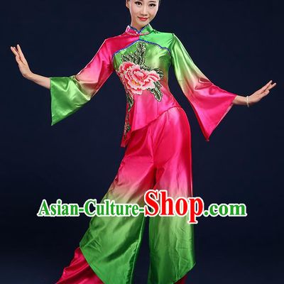 Traditional Chinese Yangge Fan Dancing Costume, Folk Dance Yangko Satin Mandarin Sleeve Peony Painting Blouse and Pants Uniforms, Classic Umbrella Dance Elegant Dress Drum Dance Clothing for Women