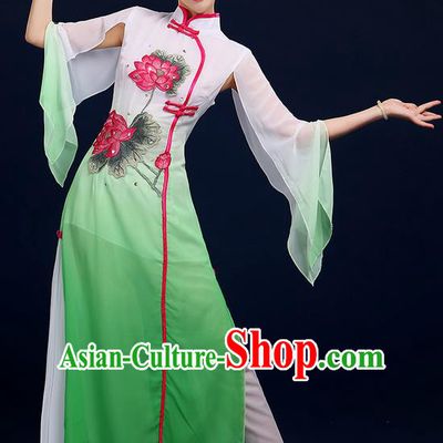 Traditional Chinese Yangge Fan Dancing Costume, Folk Dance Yangko Uniforms, Classic Umbrella Lotus Dance Elegant Dress Drum Dance Green Clothing for Women