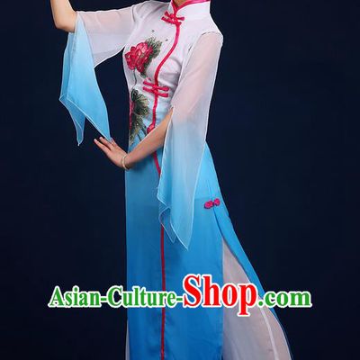 Traditional Chinese Yangge Fan Dancing Costume, Folk Dance Yangko Uniforms, Classic Umbrella Lotus Dance Elegant Dress Drum Dance Blue Clothing for Women