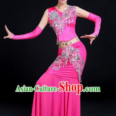 Traditional Chinese Dai Nationality Peacock Dancing Costume, Folk Dance Ethnic Paillette Tassel Fishtail Dress Princess Uniform, Chinese Minority Nationality Dancing Pink Clothing for Women