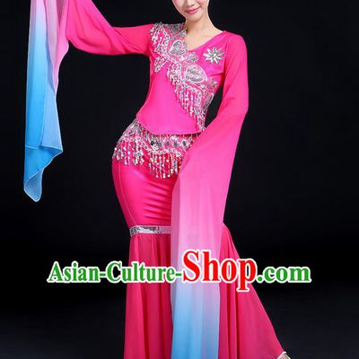 Traditional Chinese Yangge Fan Dancing Costume, Folk Dance Yangko Gradient Water Sleeve Uniforms, Classic Umbrella Dance Elegant Dress Drum Dance Clothing for Women