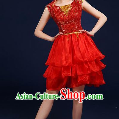 Traditional Chinese Modern Dancing Compere Costume, Women Opening Classic Chorus Singing Group Dance Paillette Bubble Uniforms, Modern Dance Classic Dance Red Short Dress for Women