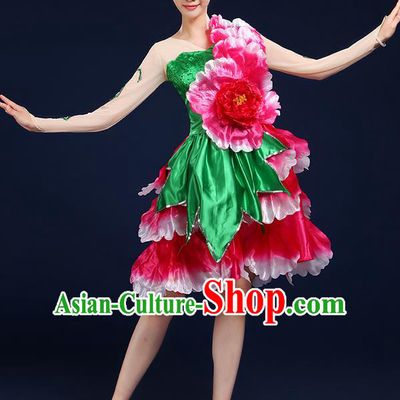 Traditional Chinese Modern Dancing Compere Costume, Women Opening Classic Chorus Singing Group Dance Flowers Peony Bubble Uniforms, Modern Dance Classic Dance Short Dress for Women