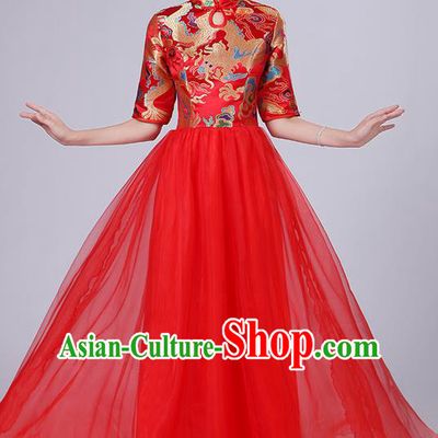 Traditional Chinese Style Modern Dancing Compere Costume, Women Opening Classic Chorus Singing Group Dance Satin Dragon Uniforms, Modern Dance Classic Dance Red Cheongsam Dress for Women