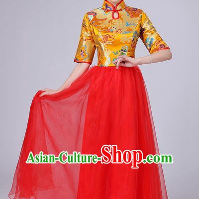 Traditional Chinese Style Modern Dancing Compere Costume, Women Opening Classic Chorus Singing Group Dance Satin Dragon Uniforms, Modern Dance Classic Dance Gold Cheongsam Dress for Women