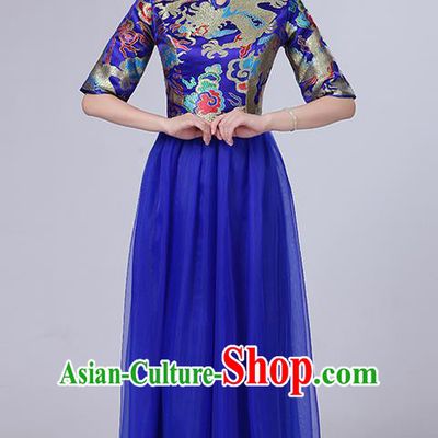 Traditional Chinese Style Modern Dancing Compere Costume, Women Opening Classic Chorus Singing Group Dance Satin Dragon Uniforms, Modern Dance Classic Dance Blue Cheongsam Dress for Women