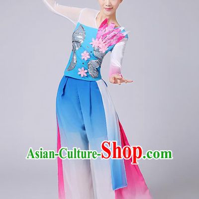 Traditional Chinese Yangge Fan Dancing Costume, Folk Dance Yangko Uniforms, Classic Umbrella Dance Elegant Dress Drum Dance Flowers Clothing for Women